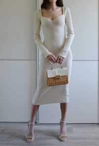 H&M kremowa dzianinowa sukienka midi dekolt serce 36 S