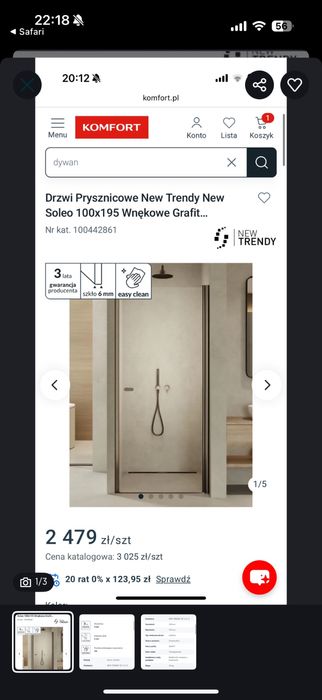 Drzwi Prysznicowe New Trendy New Soleo 100x195 Wnękowe Grafit