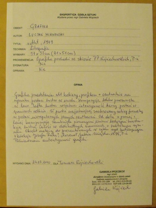 Lucjan Mianowski Lustro Akt ekspertyza 1978 offset/papier