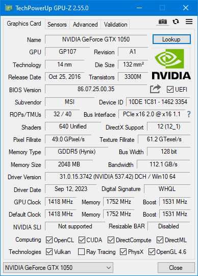 MSI GeForce GTX 1050 Gaming X 2GB