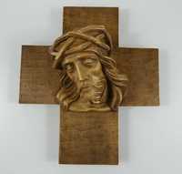 Krzyż krucyfiks rzeźba głowa JEZUS DREWNO 28 x 24,7 cm