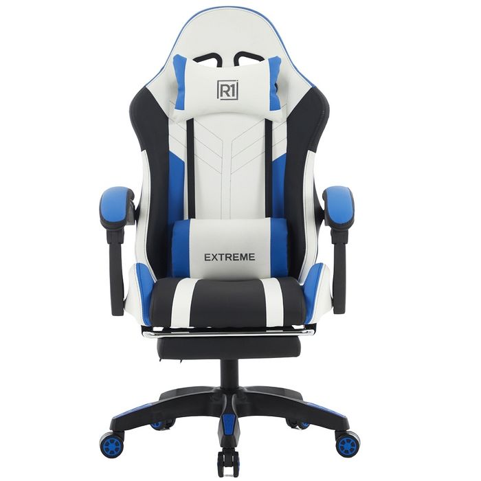 Fotel Gamingowy Extreme R1 Black/White/Blue, Z Podnóżkiem Dla Graczy