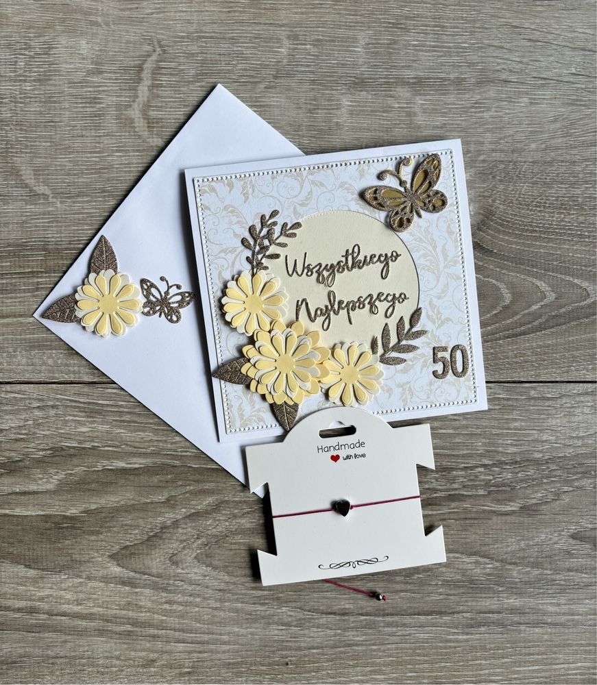 Bransoletka serce hematyt i kartka urodzinowa 50 urodziny handmade