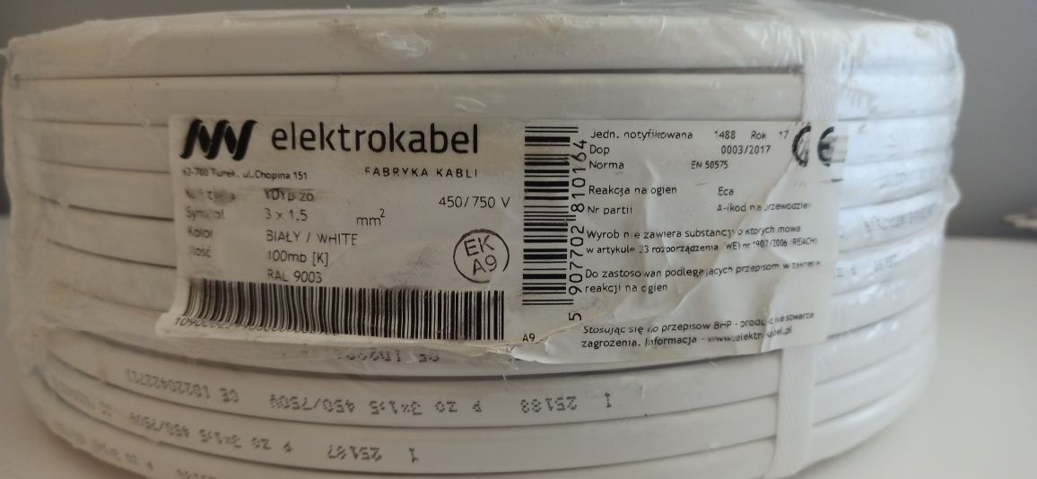Kabel, przewód 3x1, 5mm2 - 85 m bieżących