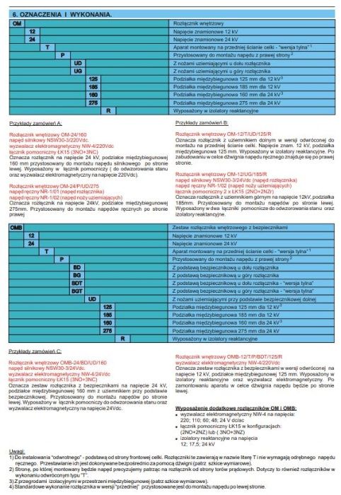 Rozłącznik wnętrzowy typ OMB-12/BD/UD/185/LO