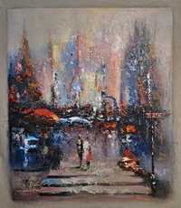 Abstrakcja Miasto - obraz olej na płótnie ręcznie malowany 50cm x 60cm