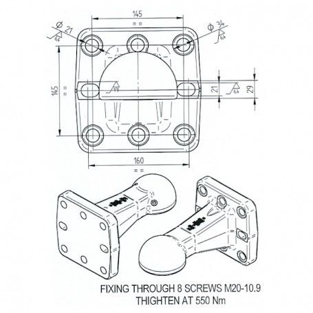 Ucho zaczepu Zapecz KUTE Włoskie Kula K80 mocne 40 Ton Flansza 145x145