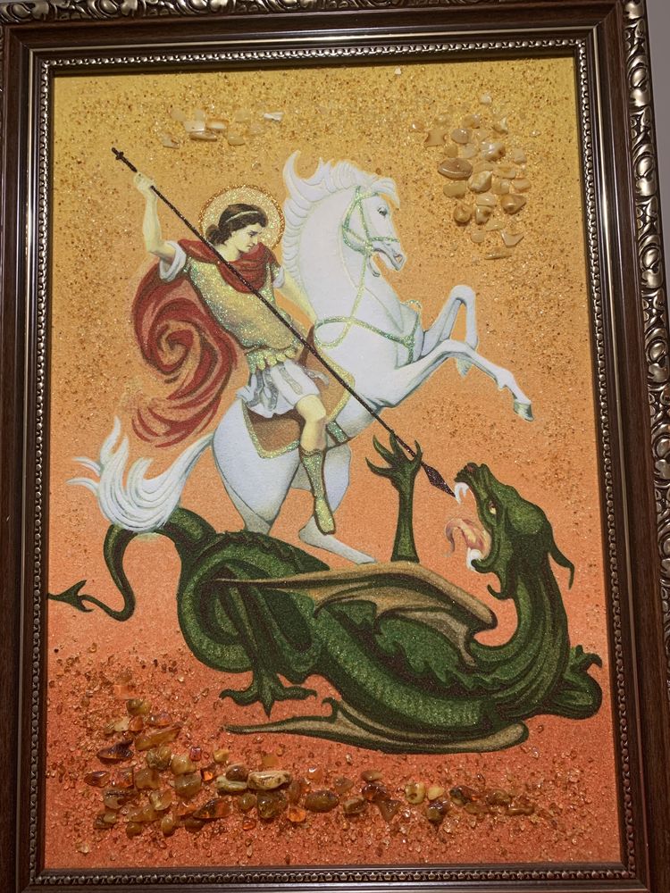 Картина-икона Георгий победоносец из янтаря