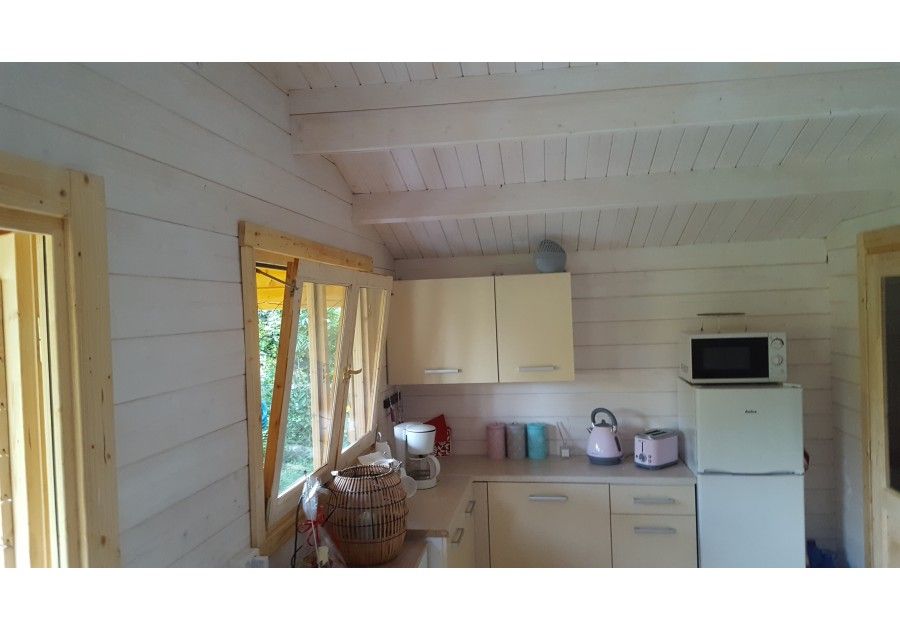 Domek letniskowy drewniany z balika z tarasem, łazienka, 5.0x4.0m 44mm