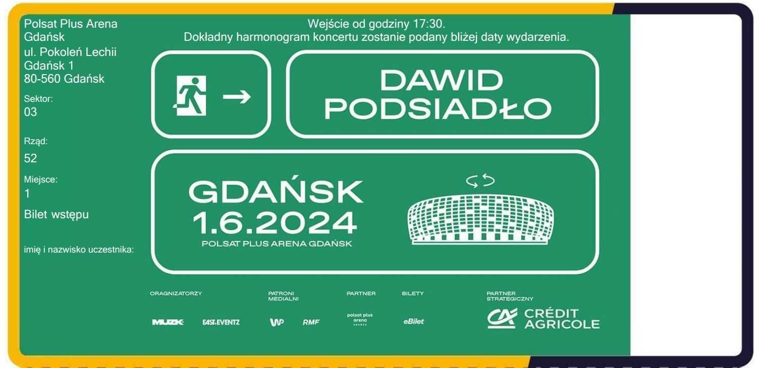 Bilet na koncert Dawida Podsiadło Gdańsk 1 czerwca Tryb. górne sek 03