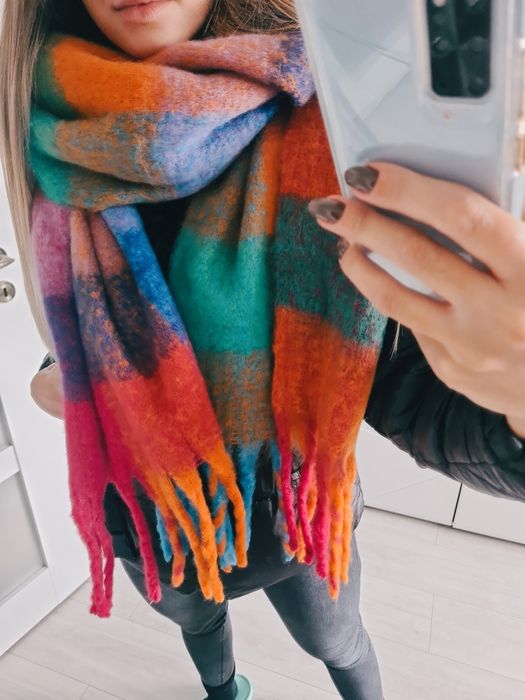 Piękny szal mega gruby miękki krata jesienny milutki zimowy kolorowy