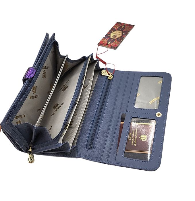 Duży portfel damski skórzany niebieskie motyle