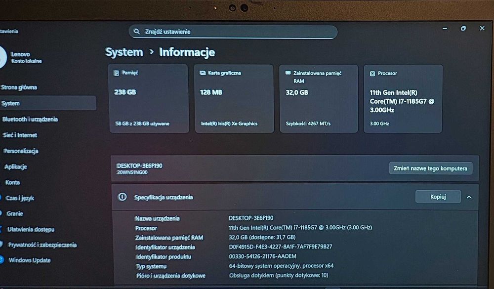 Lenovo T14s gen.2 Intel Core i7 Ram 32 GB SSD 256 GB Windows 11 Dotyk