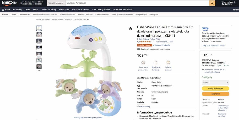 Łóżeczko dziecięce IKEA SUNDVIK + materac + karuzela Fisher Price