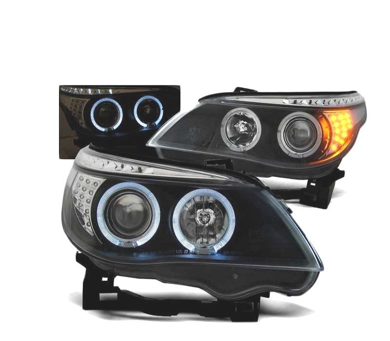 FARÓIS BMW E60 E61 03-07 LED ANGEL EYES BLACK PRETO