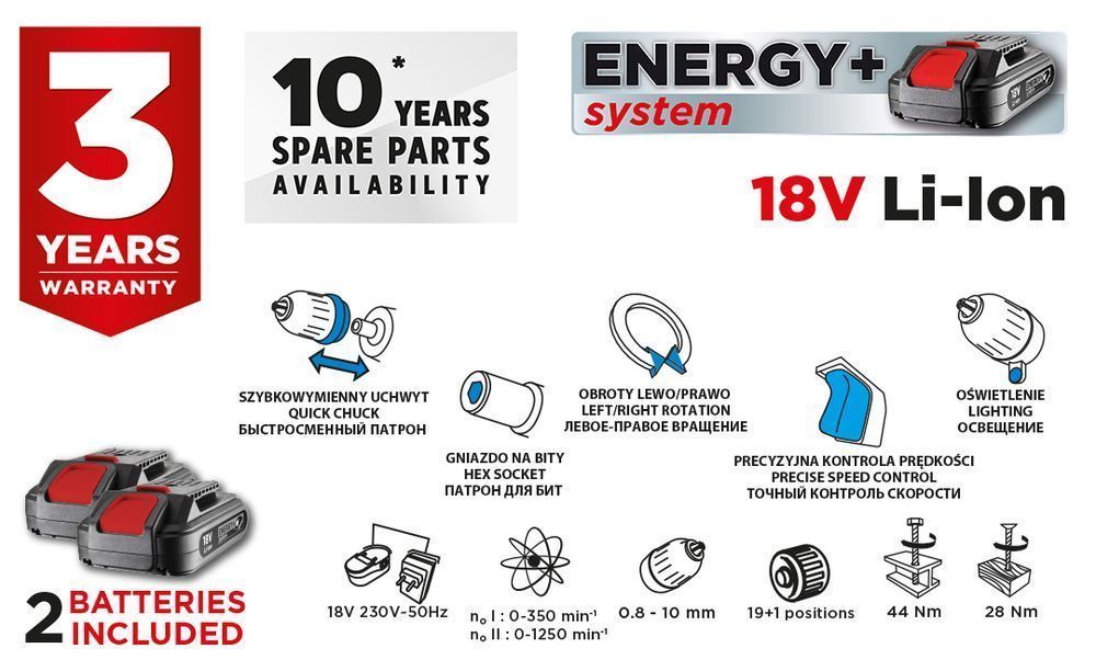 Wiertarko-Wkrętarka Aku Energy+ 18V, Li-Ion, Zdejmowany Uchwyt 10 Mm