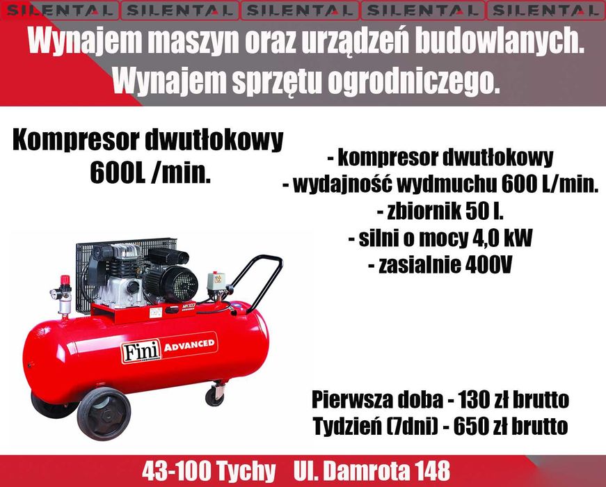 Kompresor dwutłokowy 600 L/min moc 4kW sprężarka tłokowa wynajem TYCHY