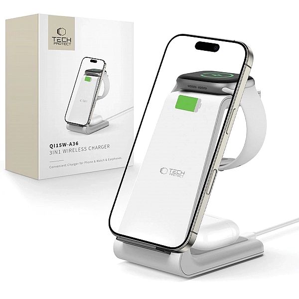 Stacja ładująca Tech-Protect QI15W-A36/3w1 dla Apple - biała