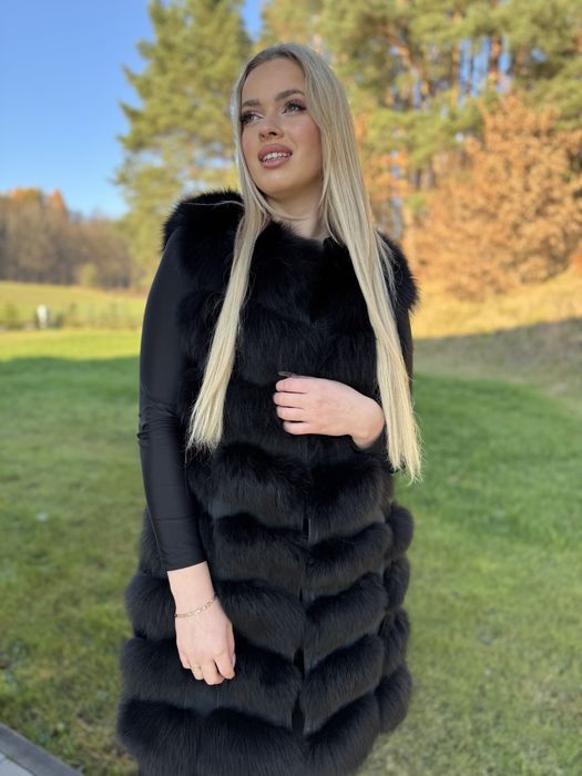Kamizelka m/l z lisa czarnego naturalne futro damska długa rzędowa