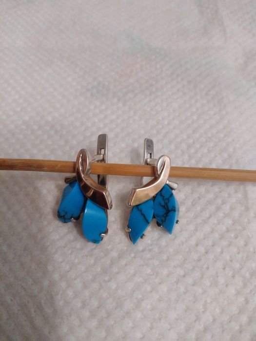 Сережки срібні з позолотою, з бірюзою