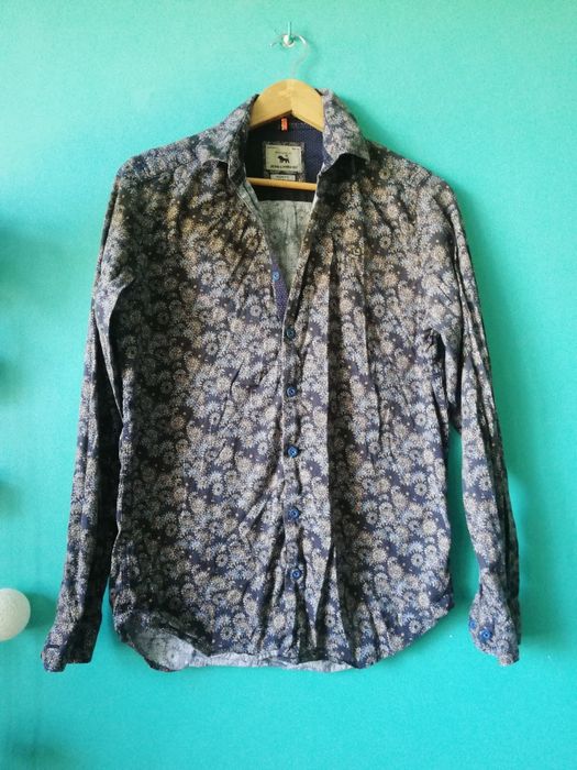 Granatowa koszula męska w kwiaty S Jean Carriere slim fit jesienne kwi