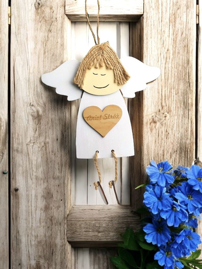 Niepowtarzalny Aniołek z drewna handmade Anioł Stróż dla dziecka