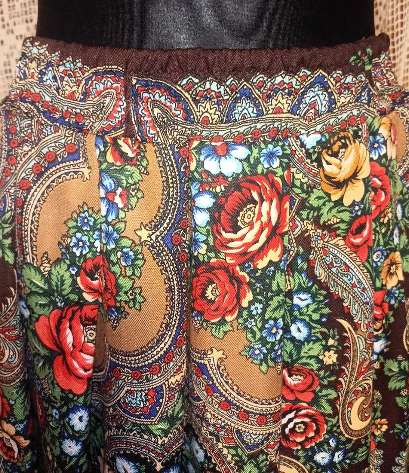 Spódnica góralska z chustą - Brązowa z beżem, motyw kwiatowy