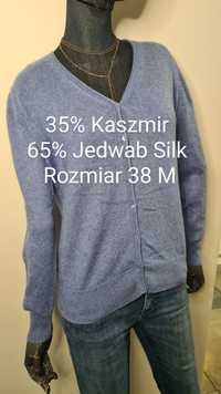 Sweter Kardigan 35% Kaszmir i 65% Jedwab Silk. Rozmiar 38 M. Niebieski