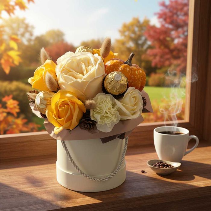 Jesienny Flowerbox z Kwiatami Mydlanymi Bukiet Upominek Słodki Prezent