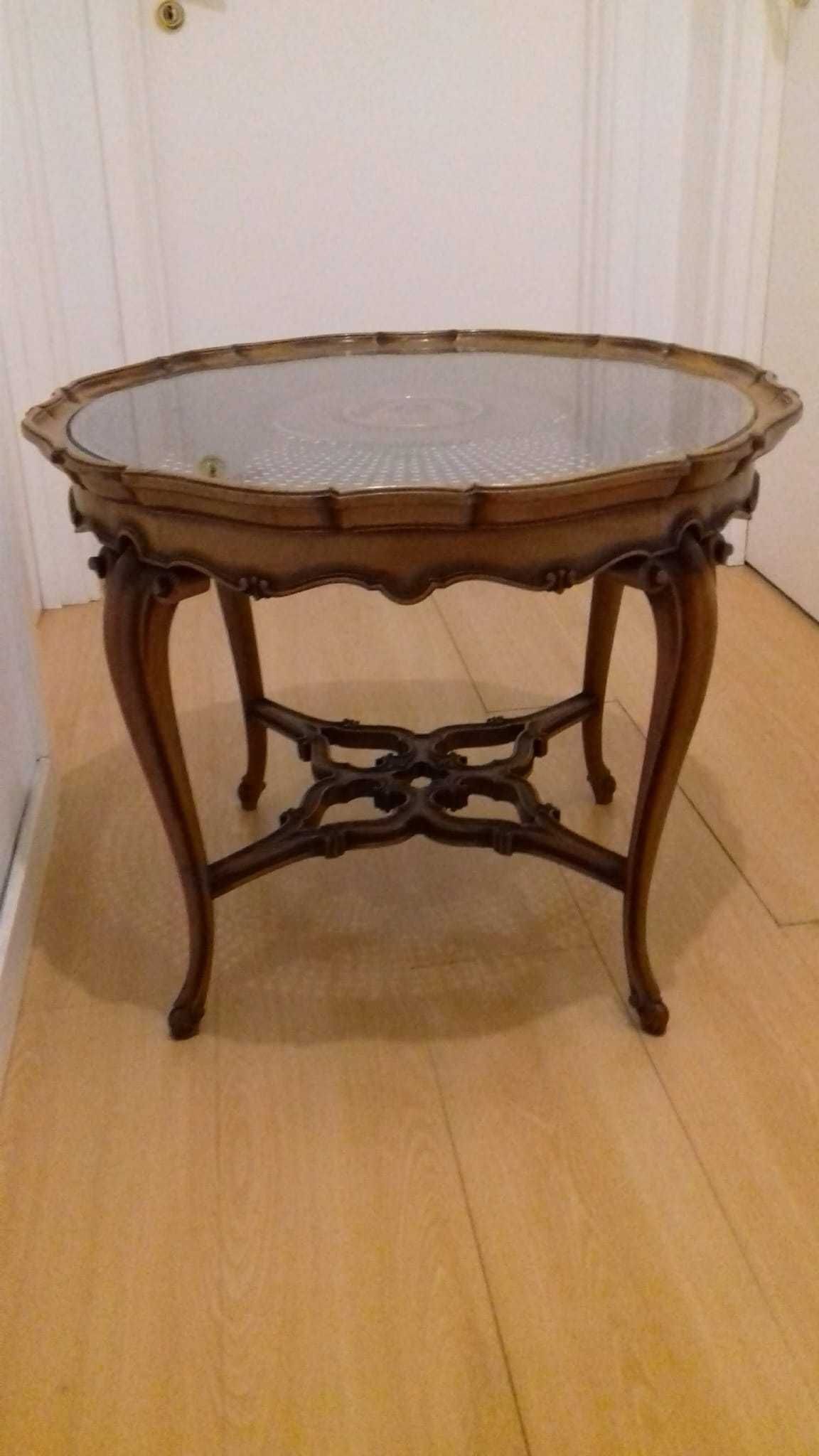 Mesa Antiga com vidro s/ motivo em palhinha
