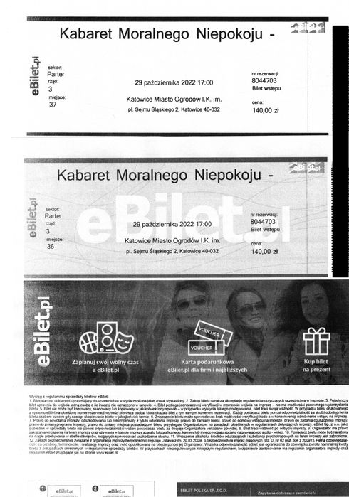 2 Bilety na Kabaret Moralnego Niepokoju w Katowicach 200 PLN