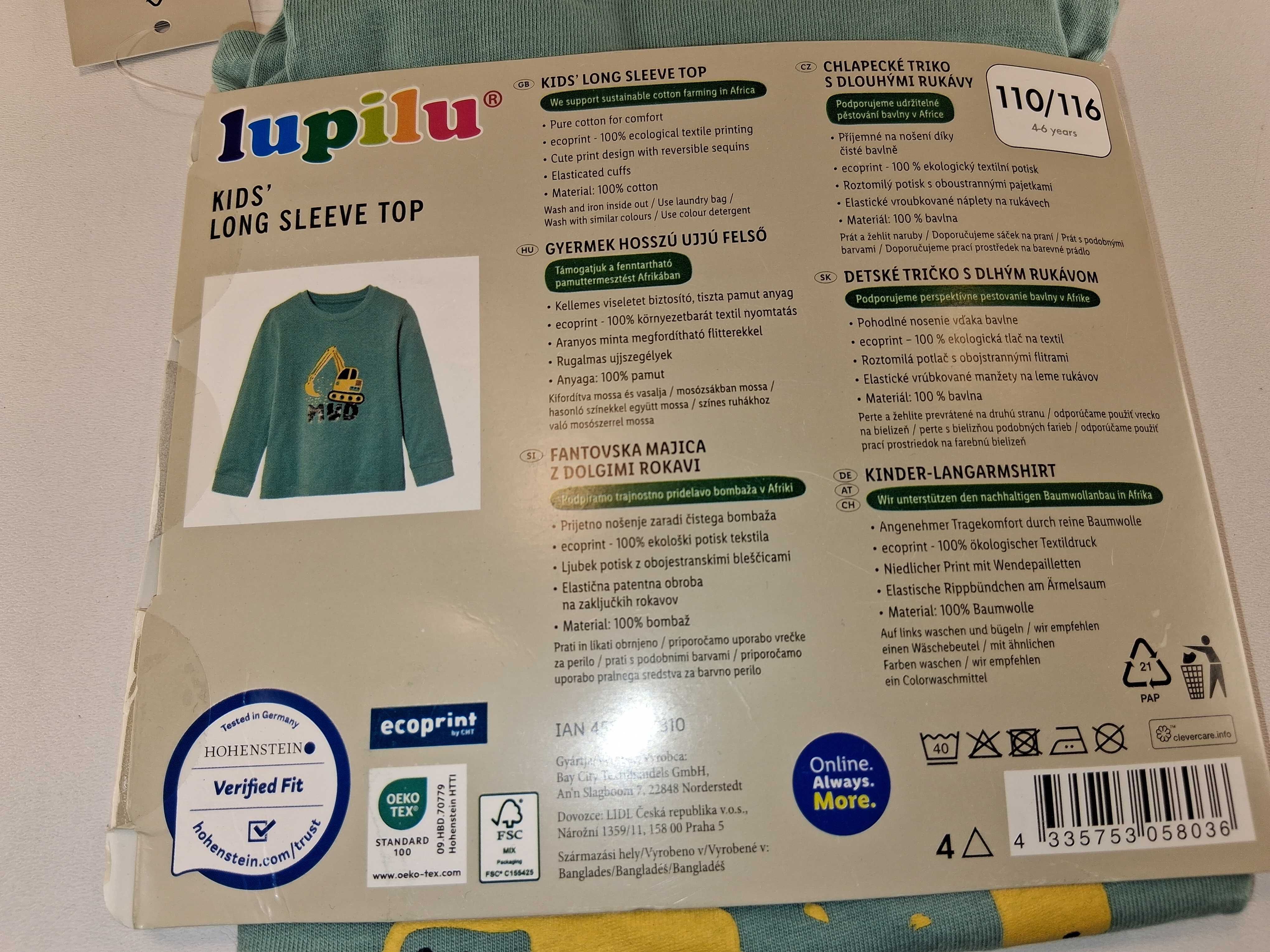 A058 Lupilu Bluzka Dziecięca Długi Rękaw Bawełna Koparka 110/116