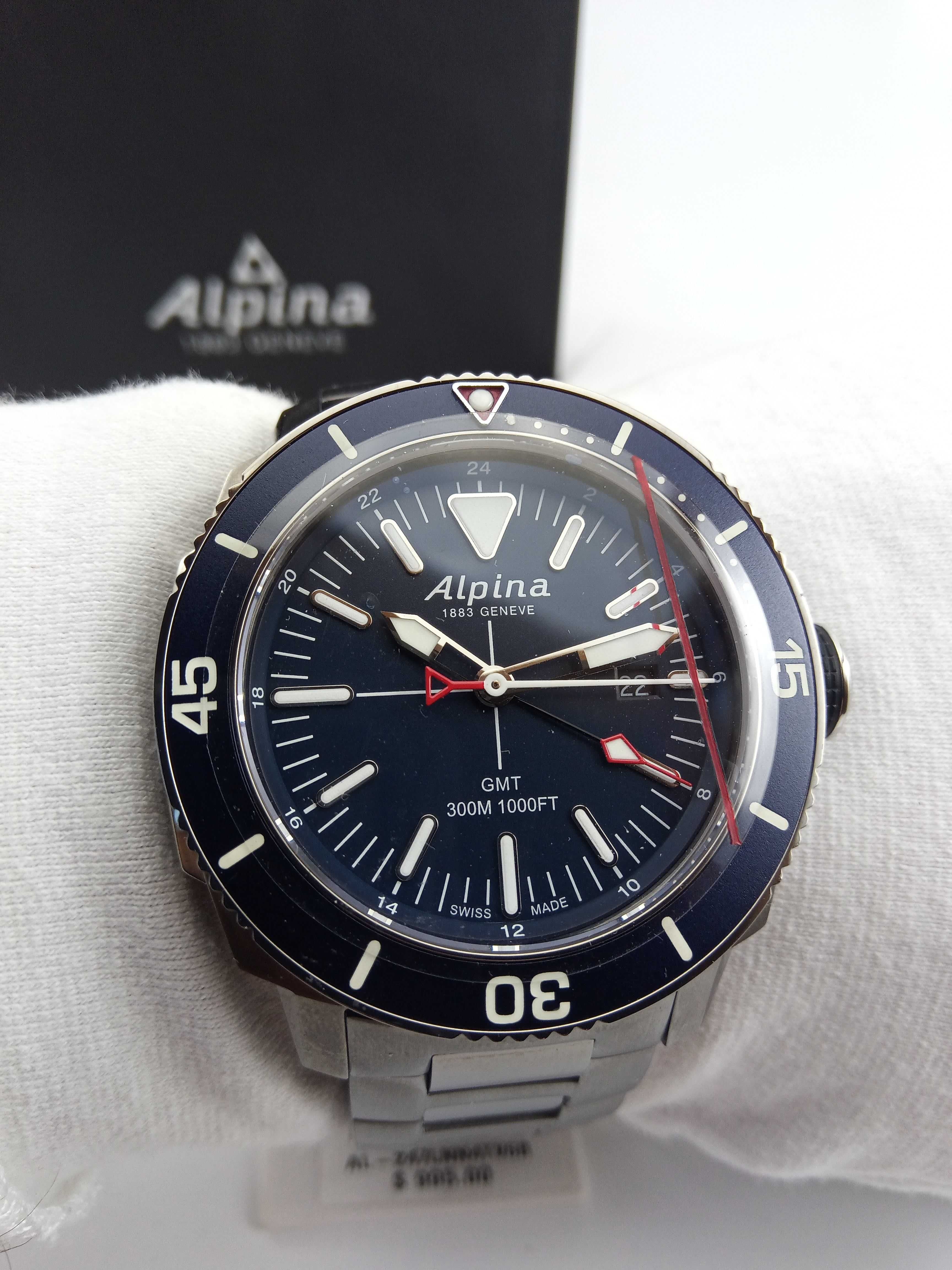 Швейцарские часы Alpina, 300м дайверы, сапфир, GMT, РРЦ €995, годинник