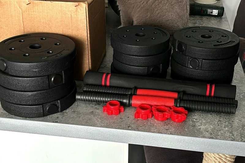 Zestaw Hantle Bitumiczne Regulowane 2x10 kg z Funkcją Sztangi Nowe