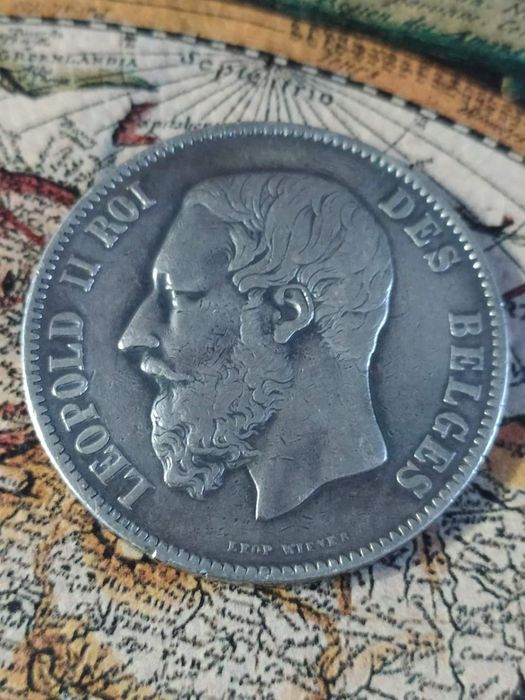 Серебряная монета 5 франков 1873 Королевство Бельгии.Шикарный сохран.с