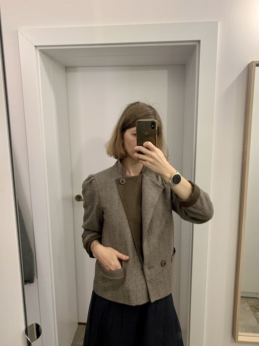 Vintage retro marynarka ramoneska bomberka S wełna pepitka jodełka