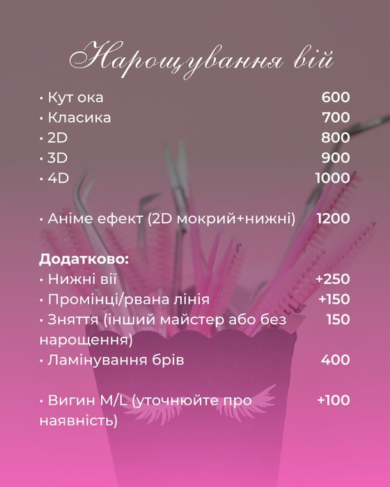 Нарощення вій, ламінація брів. Воскова депіляціям. Мінська