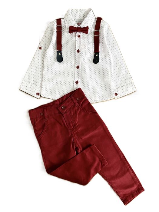 Elegancki komplet chłopięcy koszula spodnie mucha szelki r. 134