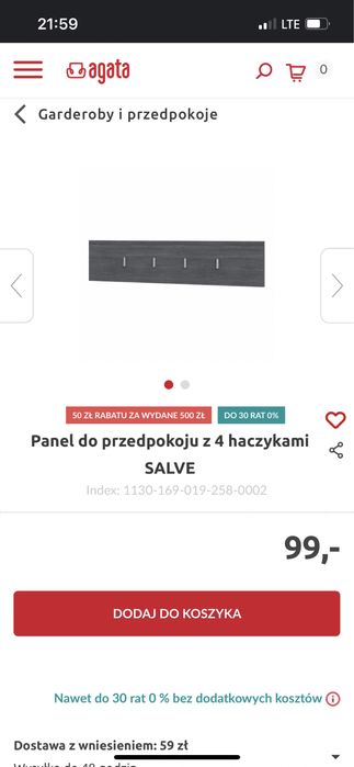NOWY wieszak Salve Agata meble panel do przedpokoju z 4 haczykami