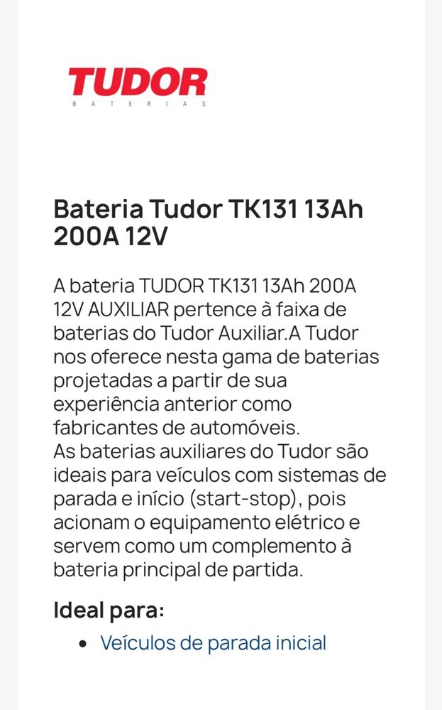 Baterias Tudor auxiliar start-stop para carros e motos