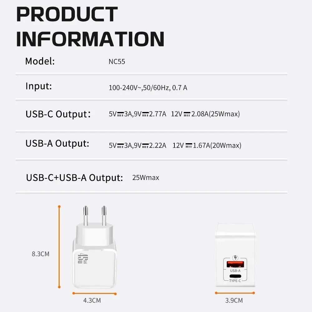 Szybka ładowarka zasilacz GAN USB A Plus USB C 45W QC3.0+ D3 Biała