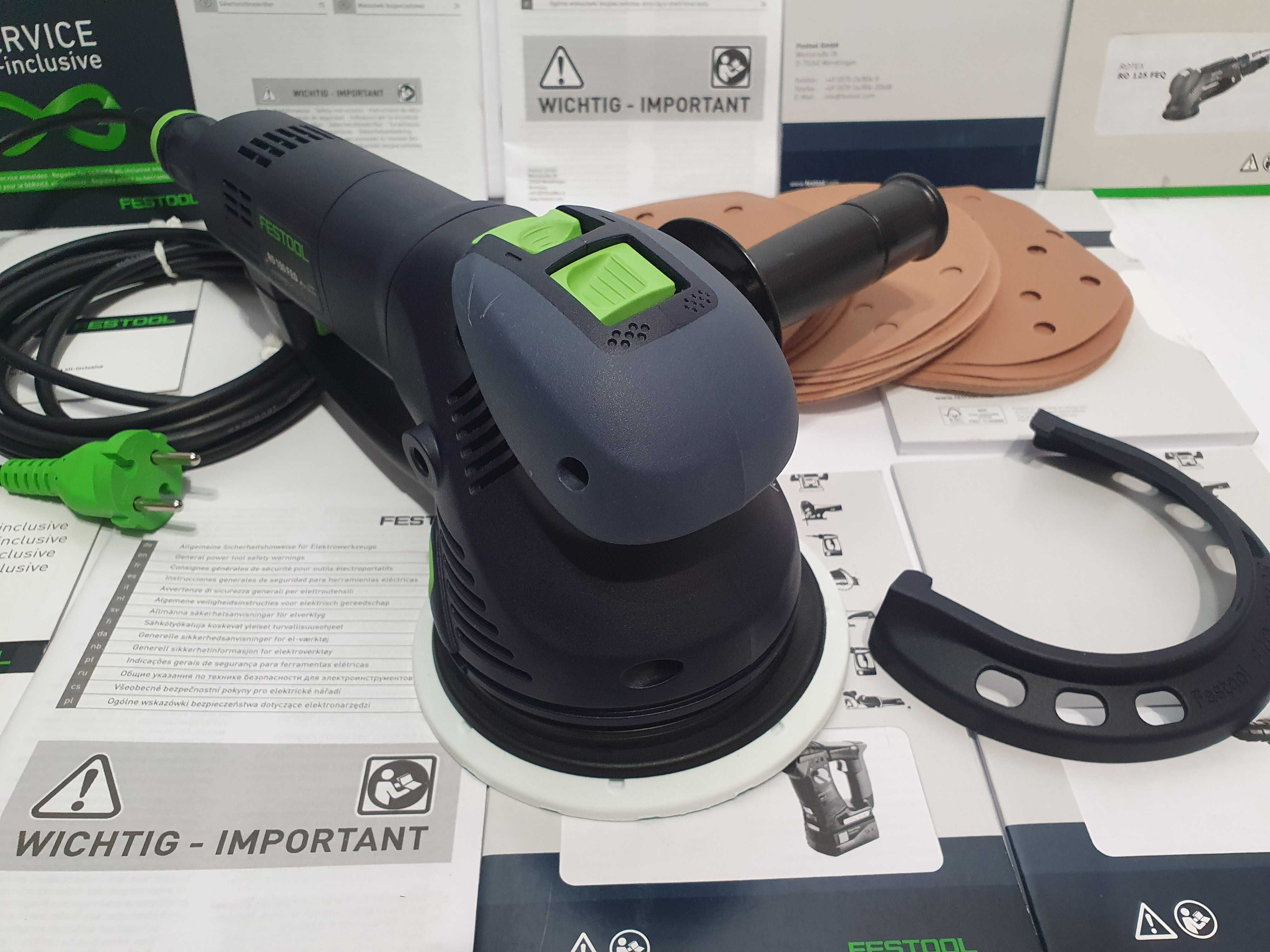 Duzy zestaw FESTOOL RO 150 szlifierka +papiery 30szt+raczka+protector