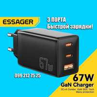 Потужний Зарядний пристрій Essager GaN Charger 2C+U 67W