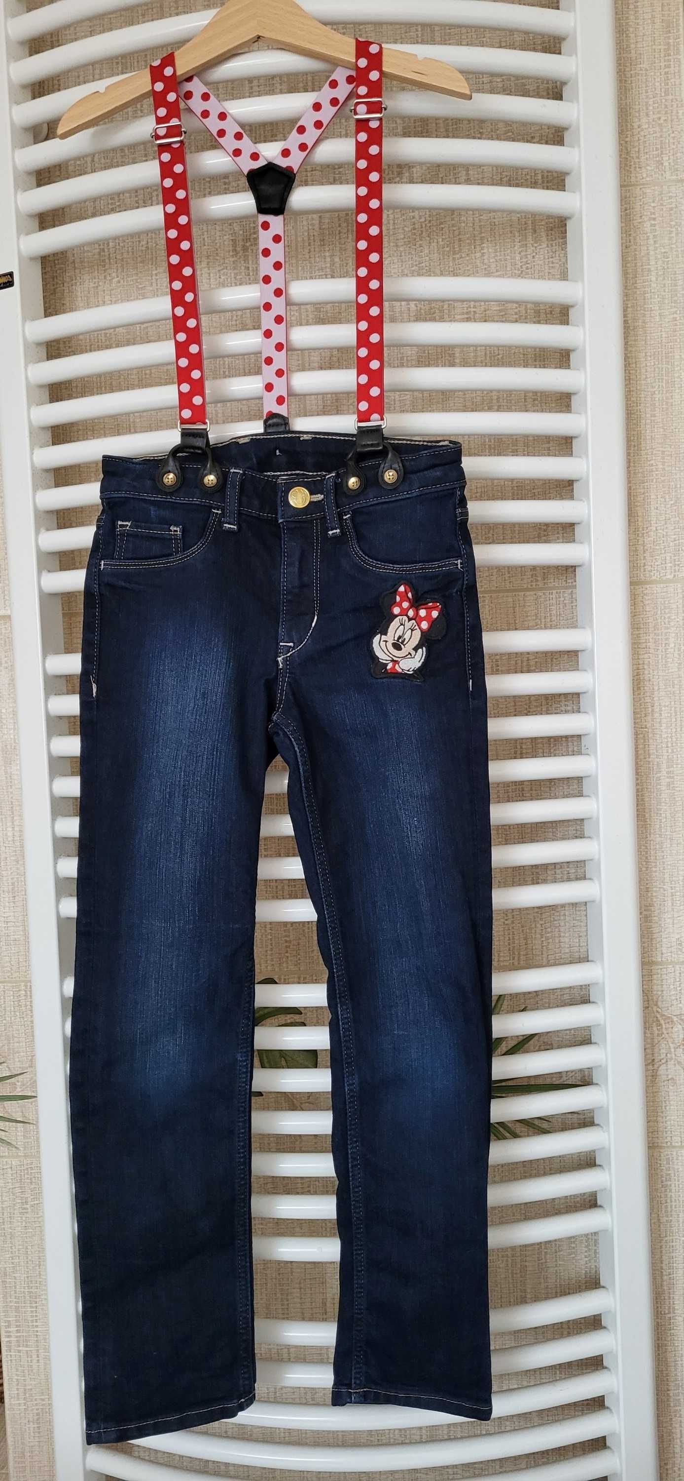 jeansy rurki na szelkach z Myszką Minnie H&M 128 jak nowe