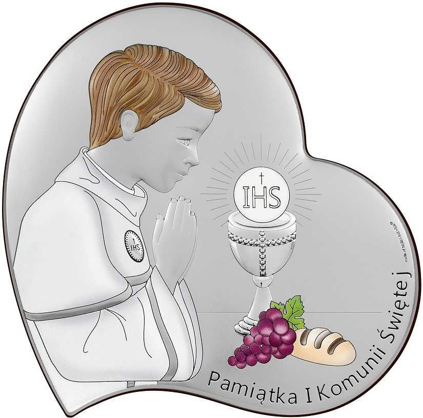 Pamiątka Komunii Dla Chłopca Srebrny Obrazek Grawer Pamiątka SERCE
