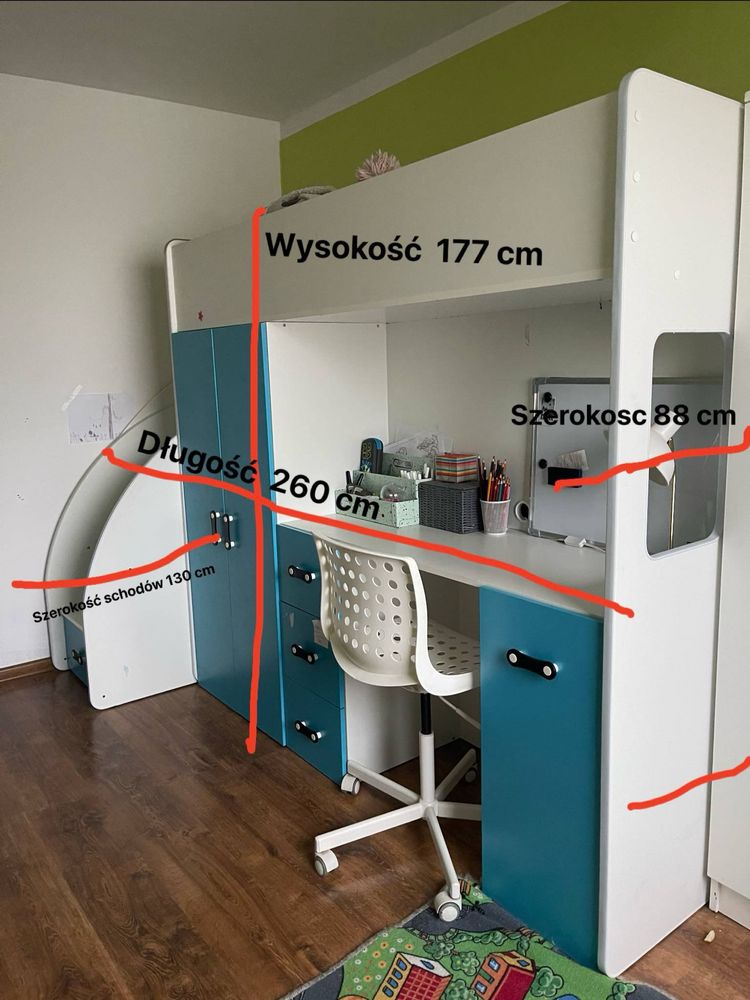 Łóżko pietrowe z biurkiem i szafa
