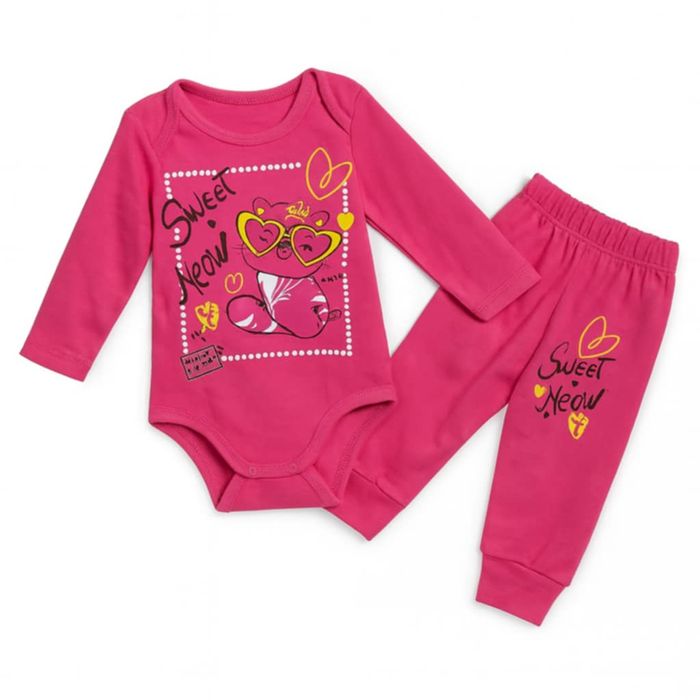 Komplet niemowlęcy różowy kotek body spodenki bawełna wygodny 74