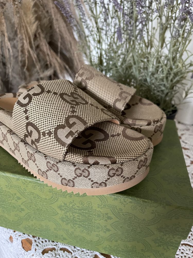 Klapki Gucci canvas maxi platformy 36 buty damskie na lato nowe