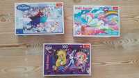 3 paczki puzzli: Kraina Lodu Little pony, jednorożec. 160 sztuk