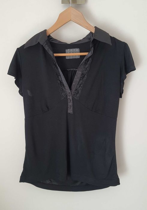 elegancka bluzka czarna dekolt w serek koronka guziki kołnierzyk 42/XL